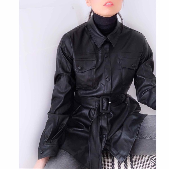 FAUX LEATHER BELTED SHACKET - BLACK - Picture 4 of 9